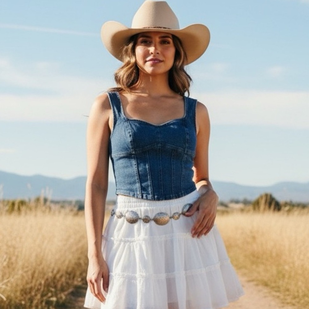 New! Stretchy Denim Sweetheart Corset Top, Festival Western Cowgirl Rodeo Style - Picture 6 of 7